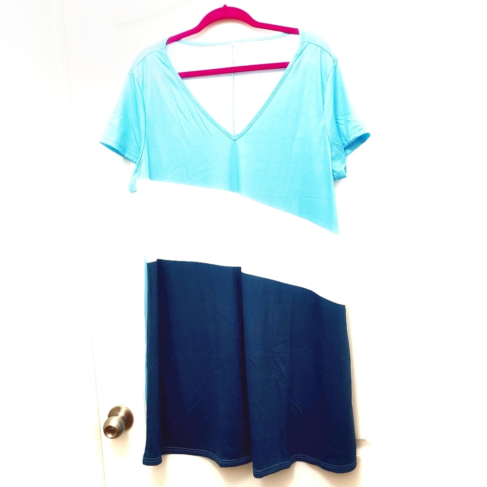 ``D25481 NNT Blue & White Color Block Tunic Dress